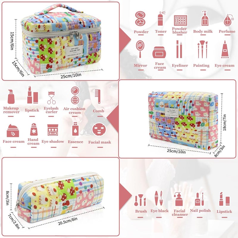 Gosect 3pc Makeup Bag Set, Quilted Makeup Bag Set, Large Floral Cosmetic Bag for Women, Cute Cotton Makeup Bags, Flower Travel Toiletry Organizer Bag (Cartoon Park Print) - Image 2